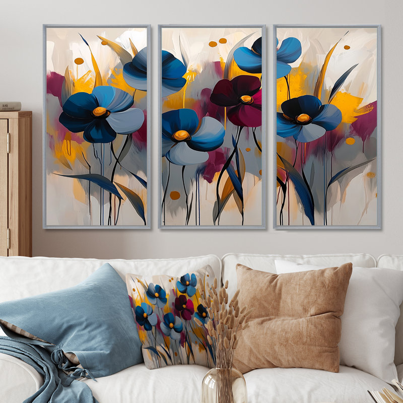 Ensemble de 3 fleurs murales rouges et bleues - bleuet pour salon - ensemble de 3, H 32 po x l 48 po, Argent argent
