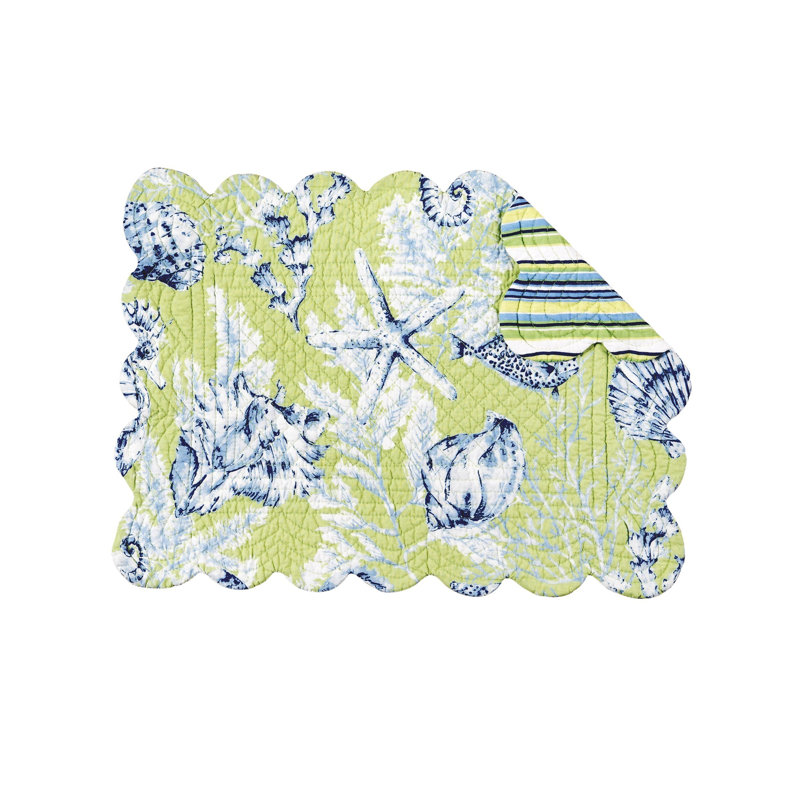 Kutz Fenwick Isle Green Coastal Sea Life Cotton Quilted Rectangular Reversible Cotton Placemat