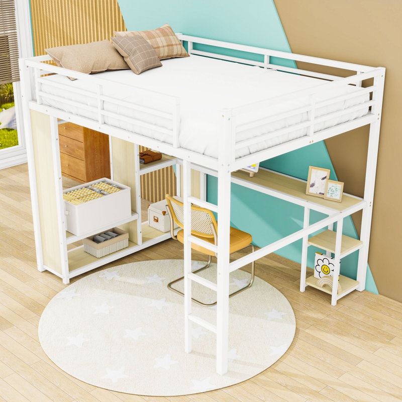 Metal Loft Bed with Wardrobe and Desk, White Woodgrain, Queen