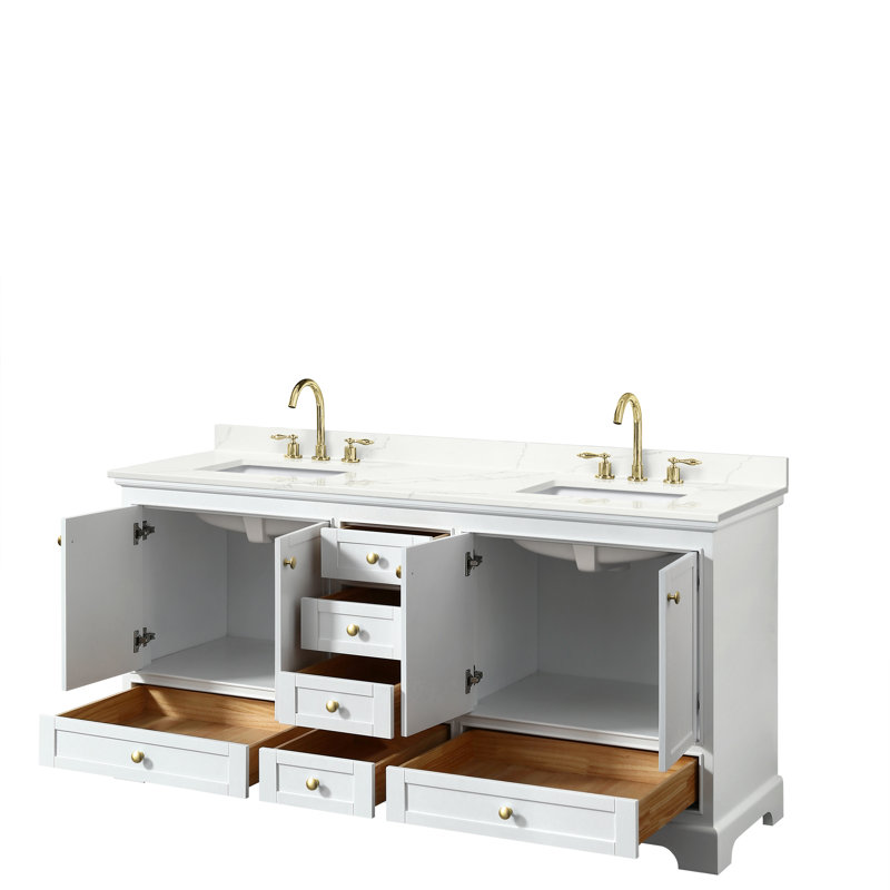 Meuble-lavabo double autoportant Deborah avec plateau en quartz, Quartz Giotto, Blanc, Or brossé