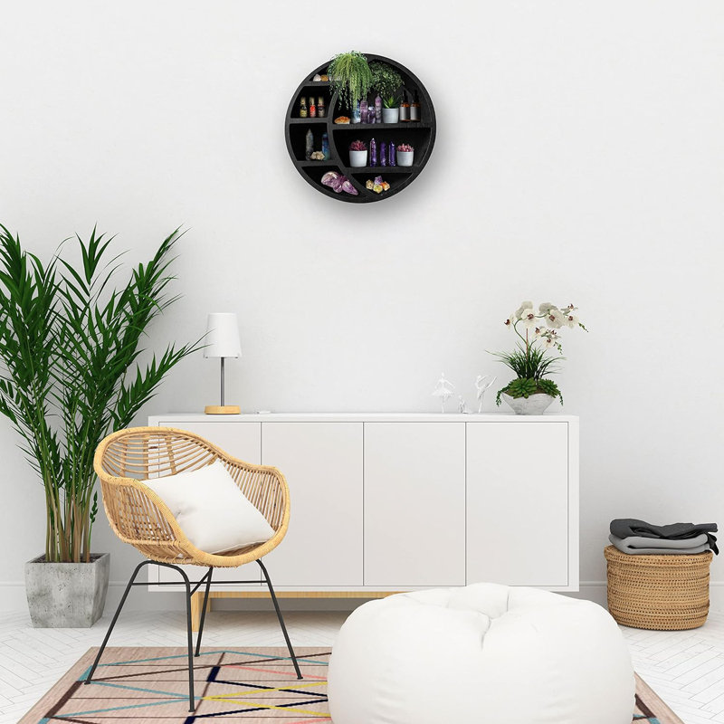 Wooden Crescent Moon Wall Shelf - Boho Home Decor Hanging Display Shelf For Bedroom, Living Room, Nursery - Handcrafted Storage Shelf For Crystals, Plants, And Essential Oils