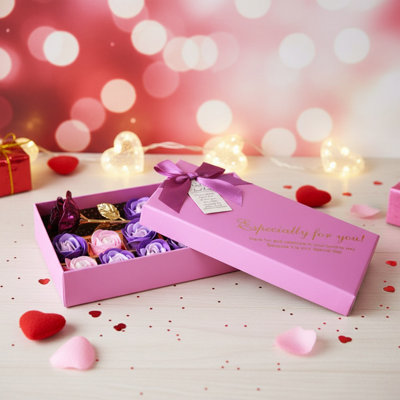 Set Of 12 Handmade Soap Flower Gift Box DIY Artificial Scent Rose Carnation Flowers For Valentine's Day Mother's Day Wedding Birthday Party Decoration 22X11cm/8.66X4.33In, Purple