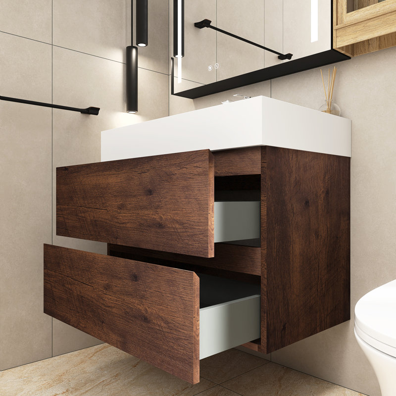 Ensemble de meuble-lavabo simple 29,9 po avec plateau Sigolf, Noyer, Blanc