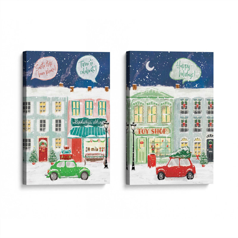 «Snowy Toy Shop Evening», ensemble de 2 impressions sur toile, H 18 po x l 24 po, Toile tendue, Toile tendue