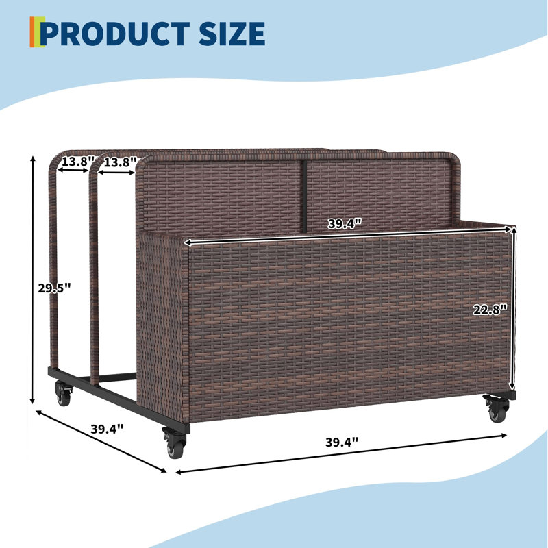 Organisateur de rangement pour piscine avec roulettes, chariot de piscine en rotin PE toutes saisons, 2 compartiments ouverts + fentes latérales