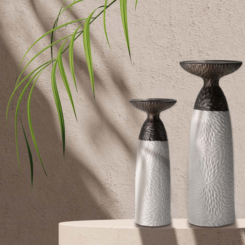 Two Tone Textured Porcelain Table Top Pillar Candle Holder 2 Piece Set - Modern Minimalist Decorative Accent for Living Room Fireplace Mantel or Dining Room