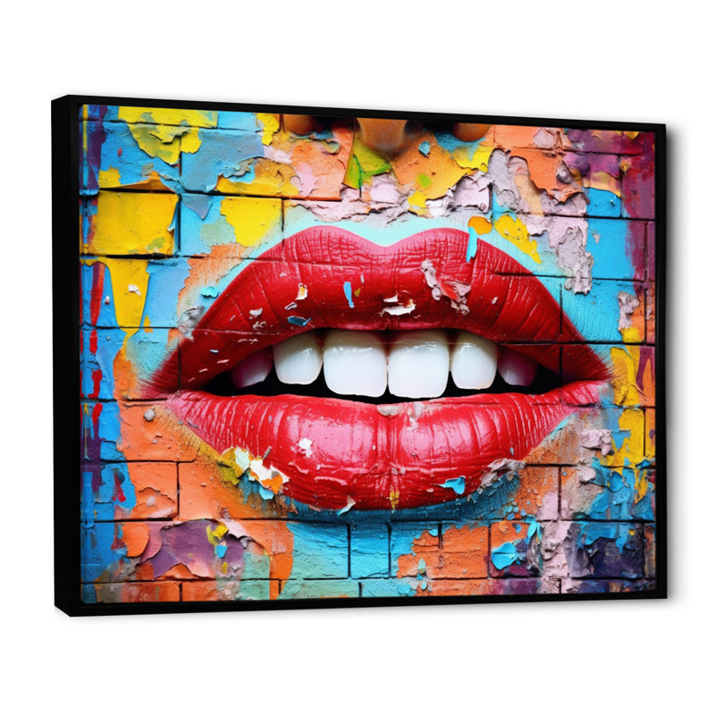 Graffiti sur les lèvres, reproduction sur toile, Cadre flottant noir, H 12 po x l 20 po x P 1 po