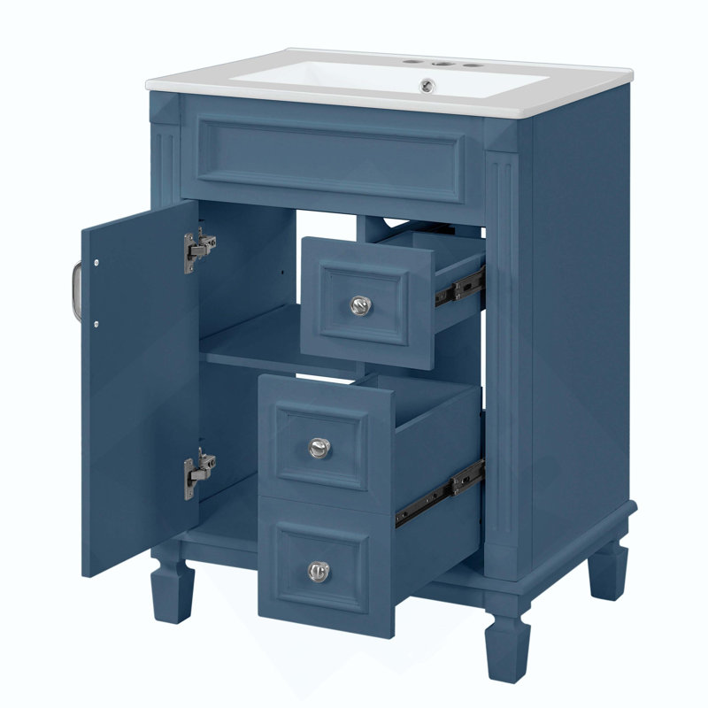Meuble-lavabo de 24 po de style français avec lavabo en céramique, armoire de rangement avec 2 tiroirs et tablette réglable