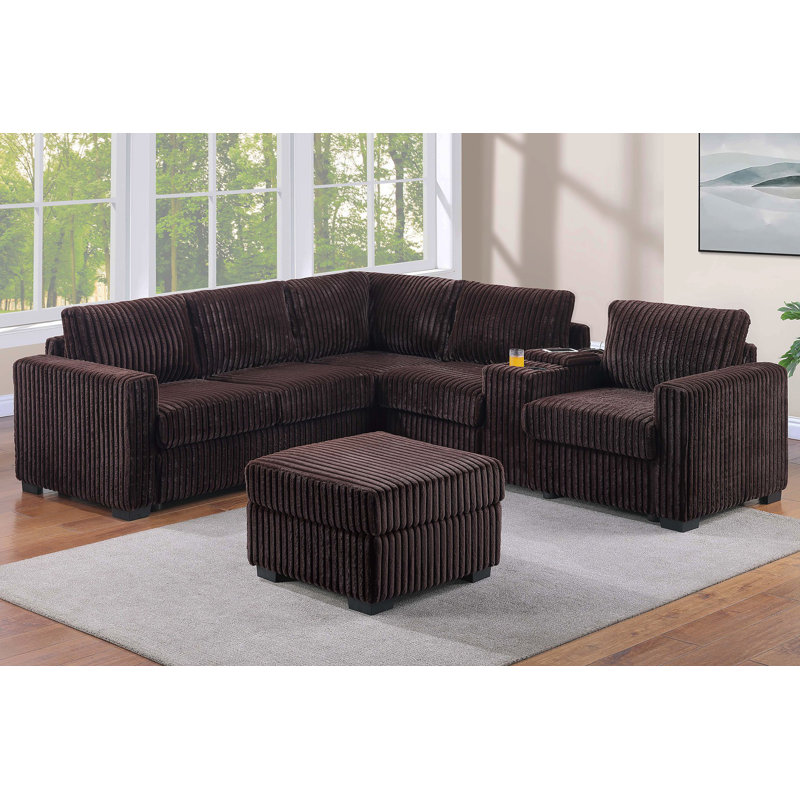 Contemporary Style 4Pc L-Shaped Sectional Set USB Cup Holder Cushion Back Loveseat Plastic Legs Cocktail Ottoman Square Arms Coffee Finish Primary Living Room