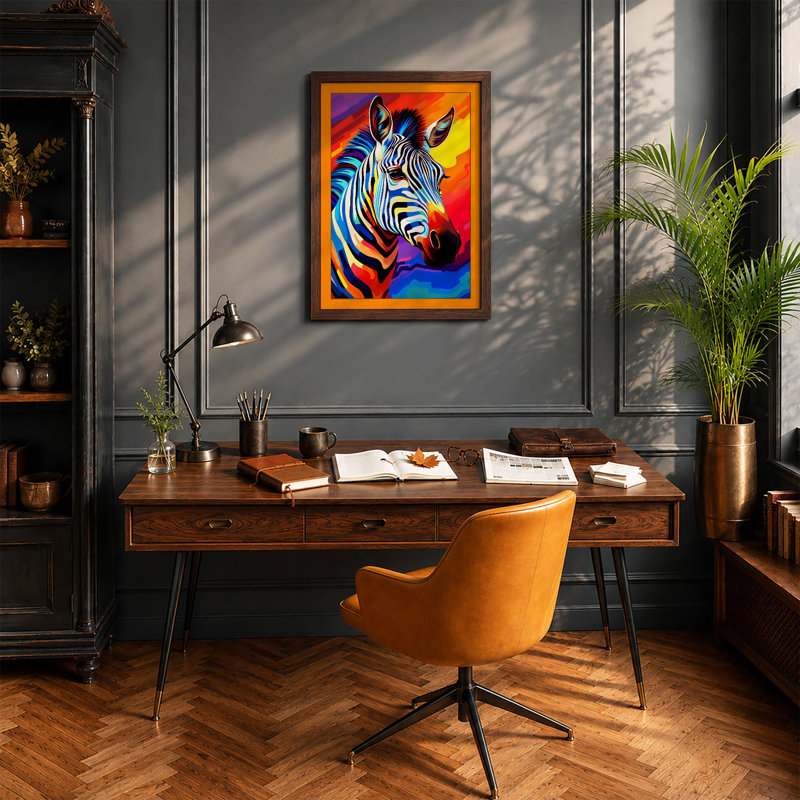 Chromatic Zebra Pop Art 1 Piece Single Picture Frame Wall Art, A2 - 59.4 x 42.0 cm, Walnut