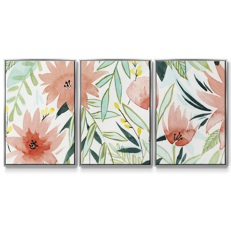 Tropical Drift III - Toile encadrée multi-pièces, Argenté, H 24 po x l 48 po x P 2 po