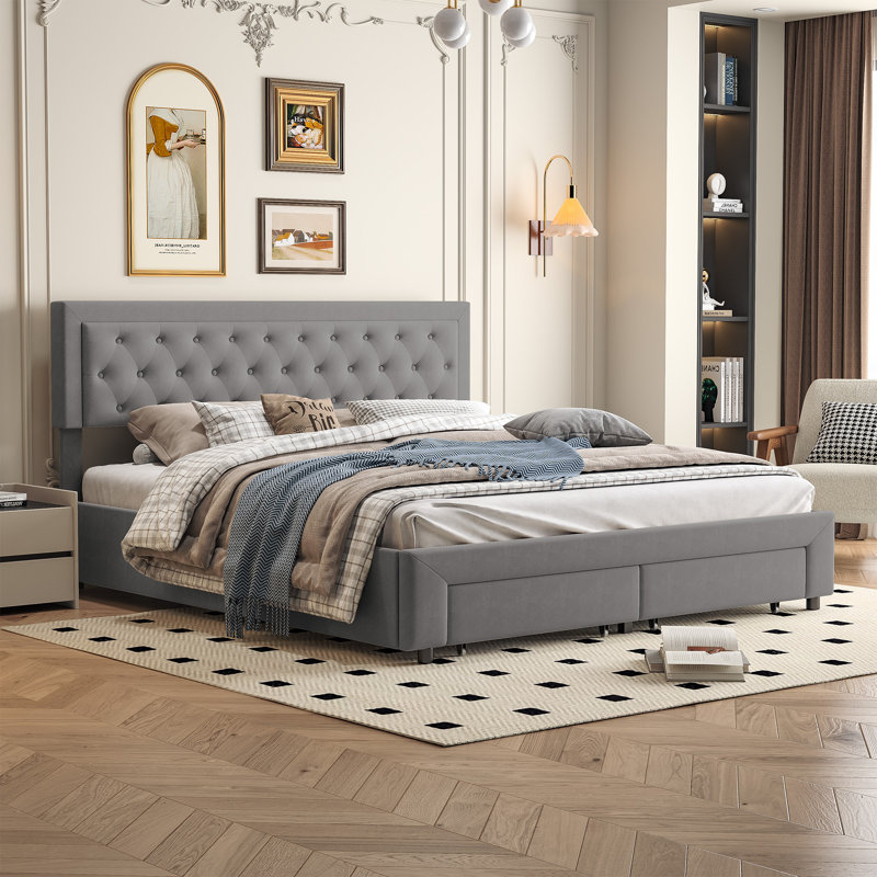 Upholstered Storage Bed, European Kingsize (160 x 200 cm), Grey
