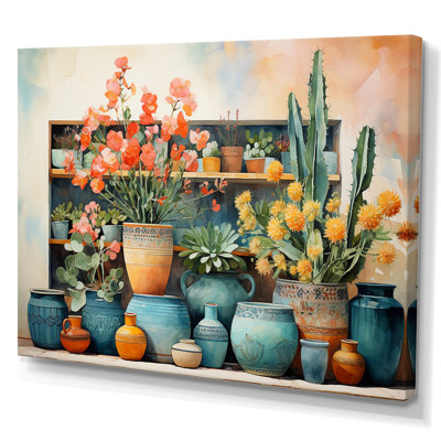 «Blue floral Watercolor Pottery I», reproduction d'art sur toile Boho Pottery