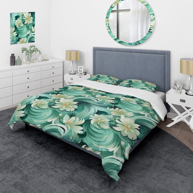 Ensemble de housse de couette à motif floral Green Mint, Housse de couette simple + 1 taie décorative stan