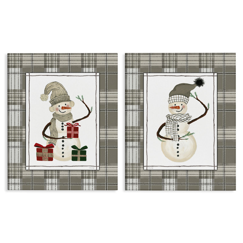 Cozy Snowmen on Plaid 2pc Canvas Set, design by Cindy Jacobs, 20" H x 16" W