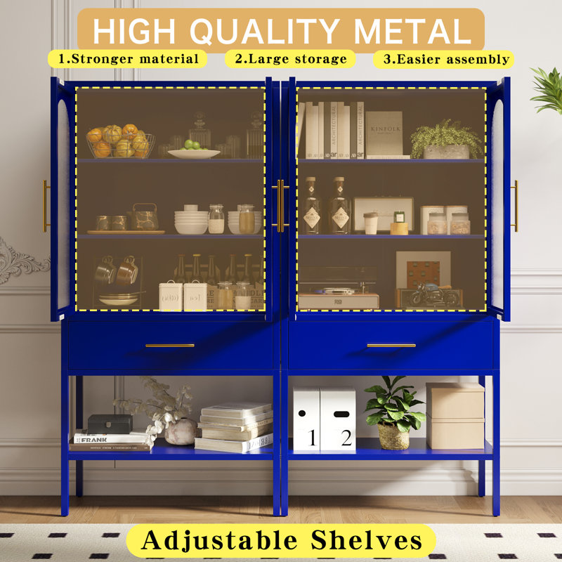 63"H Glass Display Cabinet With Drawer And Shelf, Navy