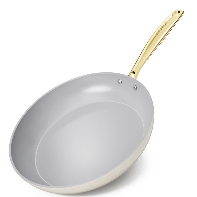 Poêle à frire antiadhésive Sanho de 12 pouces avec poignée en PVD doré, revêtement céramique diamant-titane, sans PFAS / PFOA, va au four, va au lave-vaisselle, compatible avec l'induction