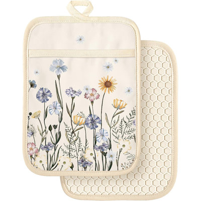 Silcone Flower Pot Holders for Kitchen - 100% Cotton Beige Oven Potholders with Pockets