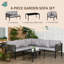5 Seater Light Grey Garden Corner Sofa Set, 4 Piece Steel Furniture with Glass Top Coffee Table and Mesh Pockets