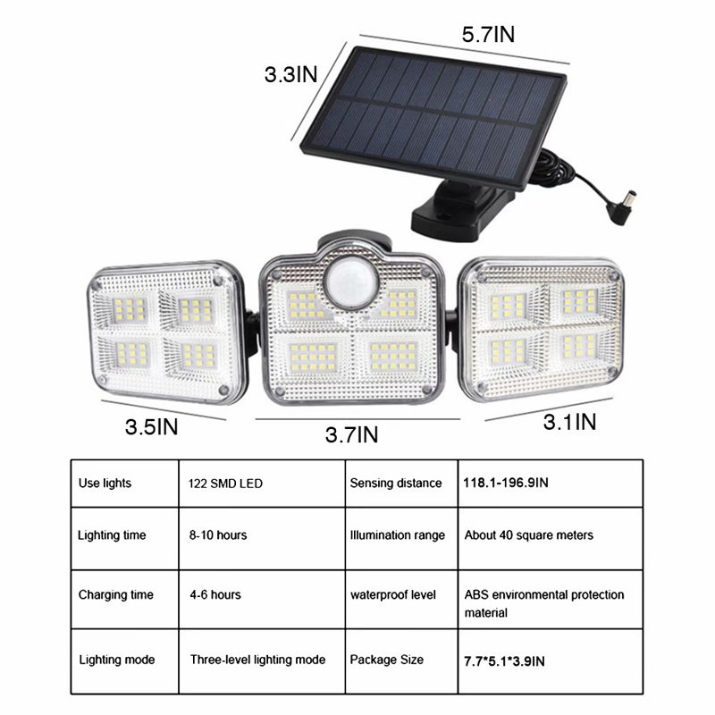 Lumières de sécurité solaires, 3 lumières d'inondation réglables 122LED