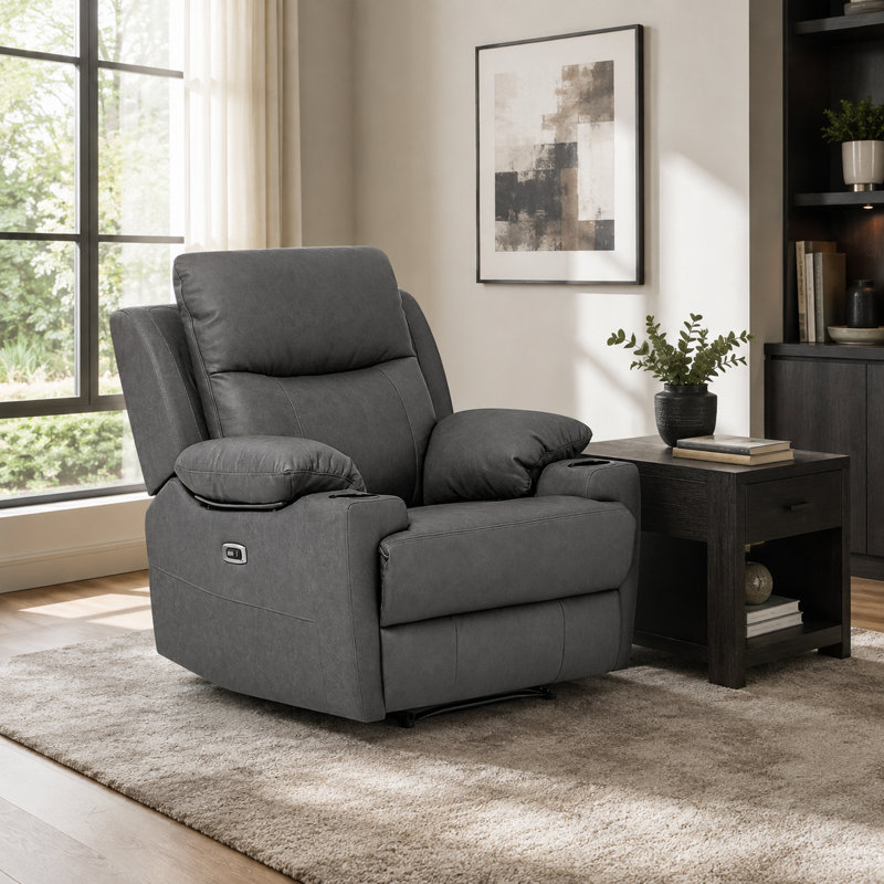 Fauteuil inclinable électrique moderne en cuir pleine fleur de 91 cm de large avec accoudoirs rembourrés, Gris