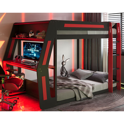 Lit superposé double pleine grandeur avec bureau RVB surdimensionné monté sur le côté, ports de charge USB et œillet pour câble, bande lumineuse à DEL, structure de loft Esports robuste - conception fraîche - rouge