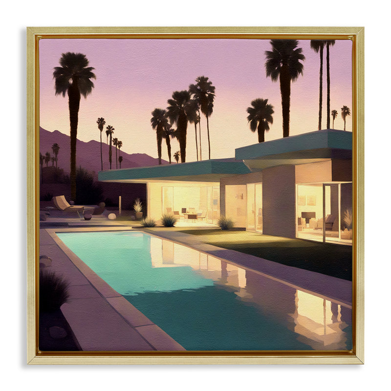 «Palm Trees & Pool Villa», art mural sur toile flottante noire par Noah Bay, Cadre flottant métallique doré