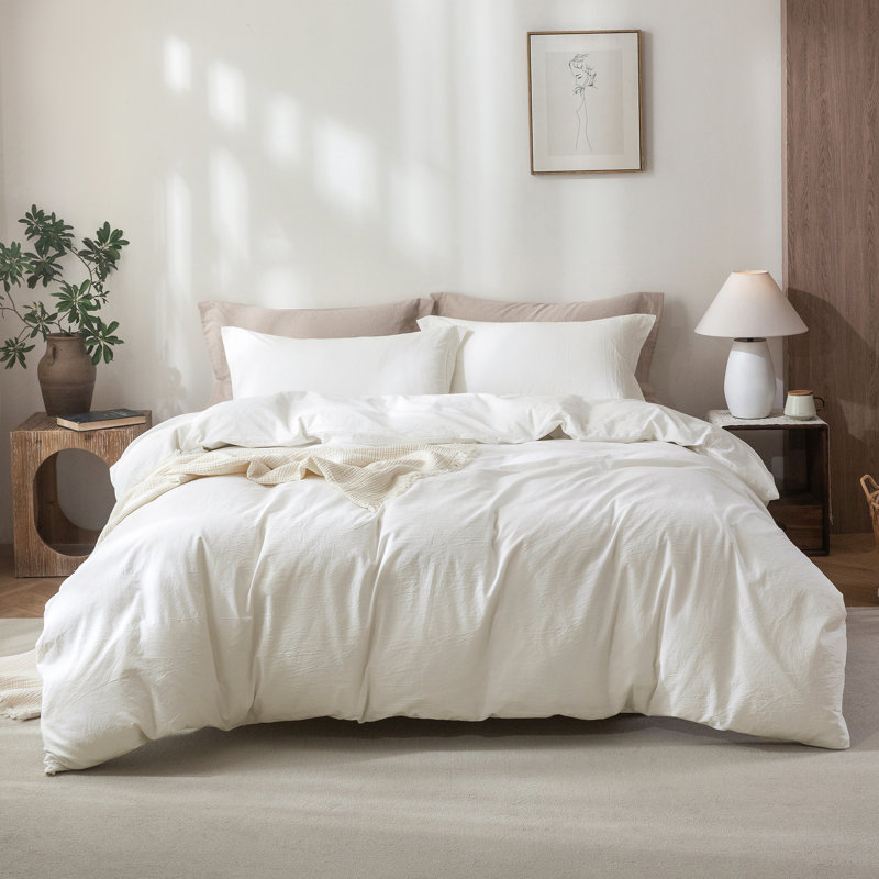 Solayne 100% Washed Cotton Duvet Cover Set with Faux Hemp Texture, Solid Color, Zipper Closure and Corner Ties, Milky White