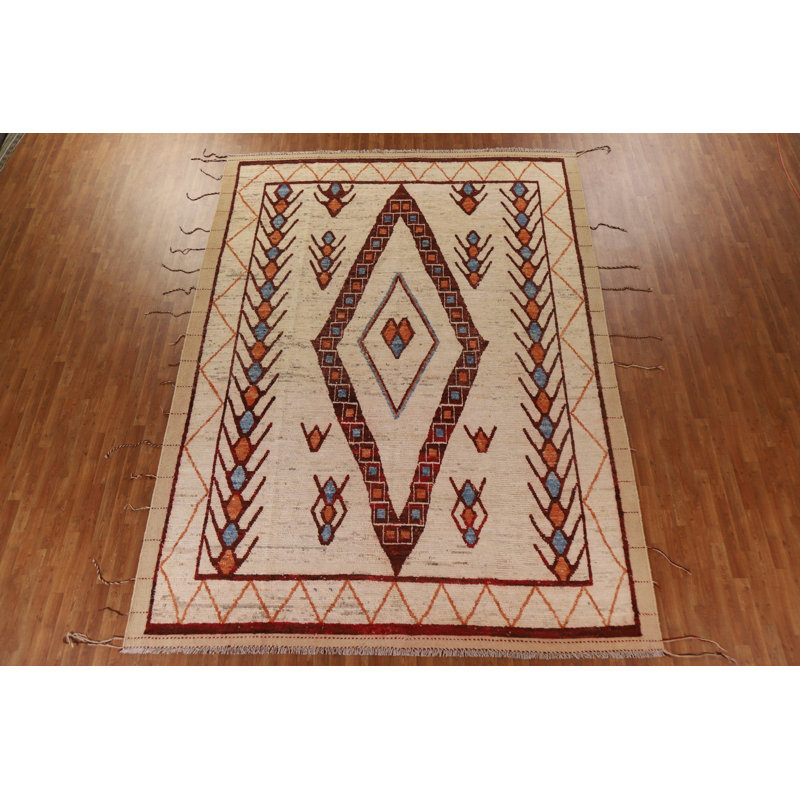 Tapis beige en laine noué à la main de conception unique 9 pi 5 po x 12 pi 9 po New Age