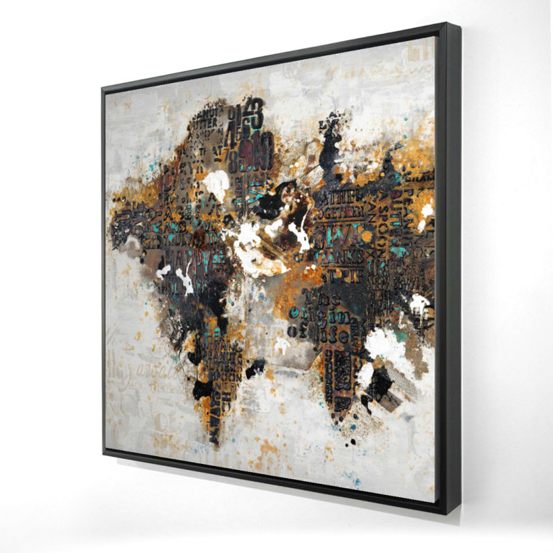 Abstract World Map Typography Canvas | Cities Brown Bedroom Decor, 25.25" H x 25.25" W