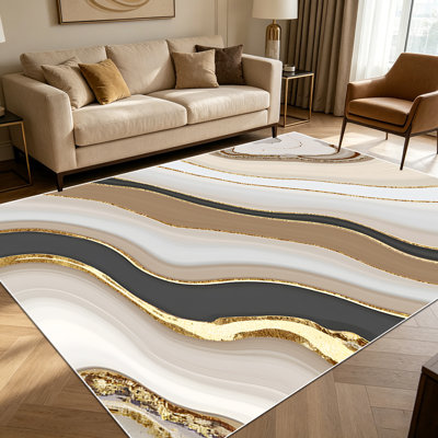 1PC Gold Foil Wavy Agate Marble Neutral Tone area rugs for Living Room, Soft and Comfortable, Suitable for all seasons, easy-to-maintain, machine washable Indoor floor mat, Under Table Farmhouse suitable for dining area, bedroom, entryway,