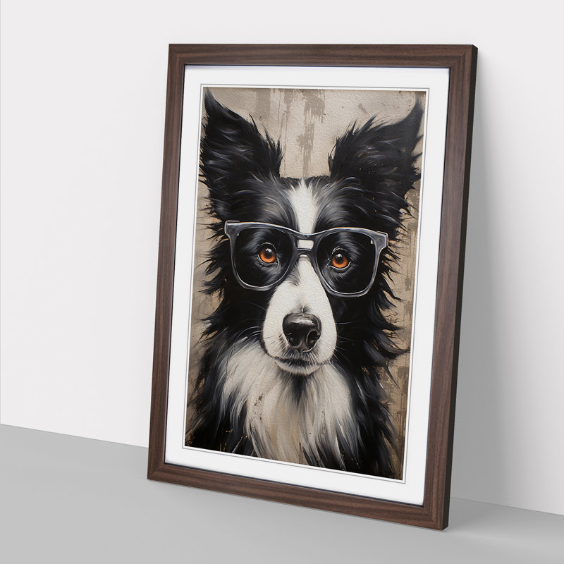 Border Collie with Glasses Painting - Framed Print, 64cm H x 46cm W x 2cm D, Walnut Framed