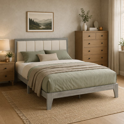 Wooden Bed Frame,Stylish Low-Profile Bed Base,Bed Frame with Upholstered Headboard(Only Bed Frame)