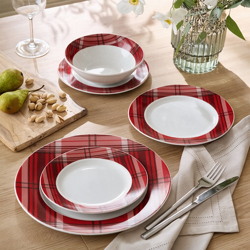 Waterside 12pc Porcelain Burgundy Tartan Dinner Set