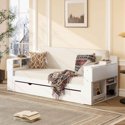 Lit de jour avec bureau amovible, tiroirs de rangement et table d'appoint hydraulique