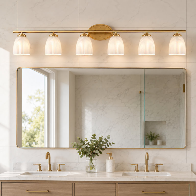 Applique murale pour salle de bain 6 lumières à abat-jour en verre givré nervuré, Laiton, Six lumières