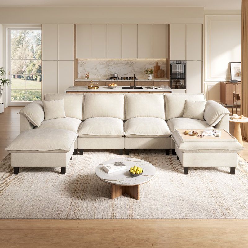  143.7" Chenille Modular Sectional Sofa With Storage Ottoman, Washable Cushion Covers, Padded Armrests, Extra-Thick Deep Cushions, Tool-Free Assembly, Beige