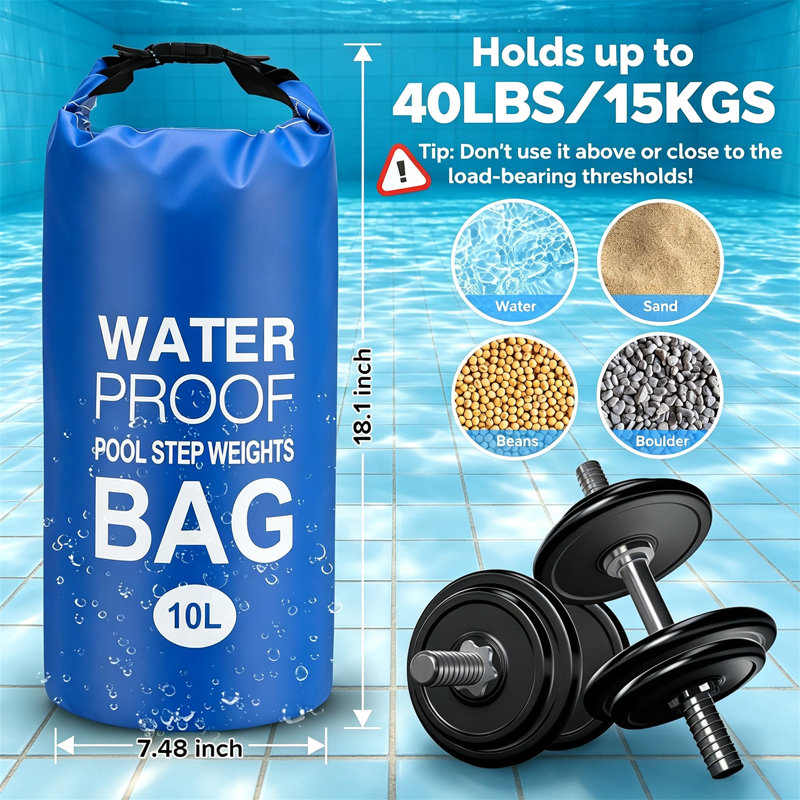 Universal Pool Ladder Weights - Paquet de 2 sacs de sable en PVC de 10 L pour marches hors-sol, résistant aux déchirures et à l'eau, facile à remplir, poignée solide et sangles (bleu foncé)