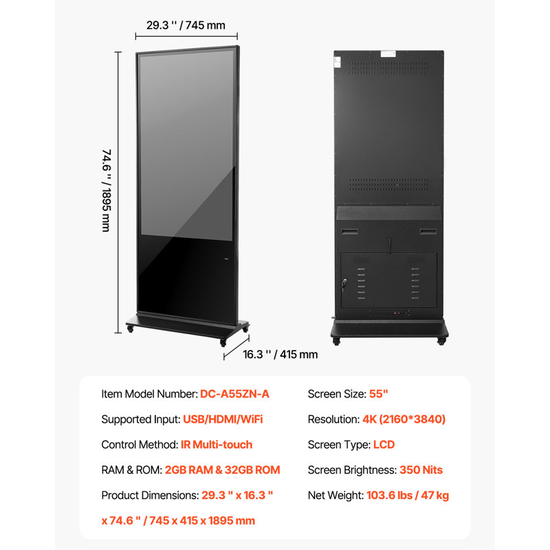 55" Digital Signage Display Touchscreen 4K UHD LCD Screen Floor Standing Kiosk