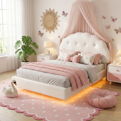 Kids Floating Bed Frame with Adjustable  Headboard and Teddy Fleece Upholstered