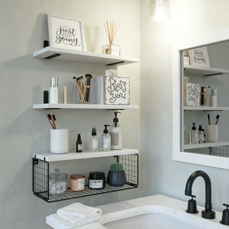 Cantura 3-Piece Floating Wall Shelves with Wire Storage Basket, White