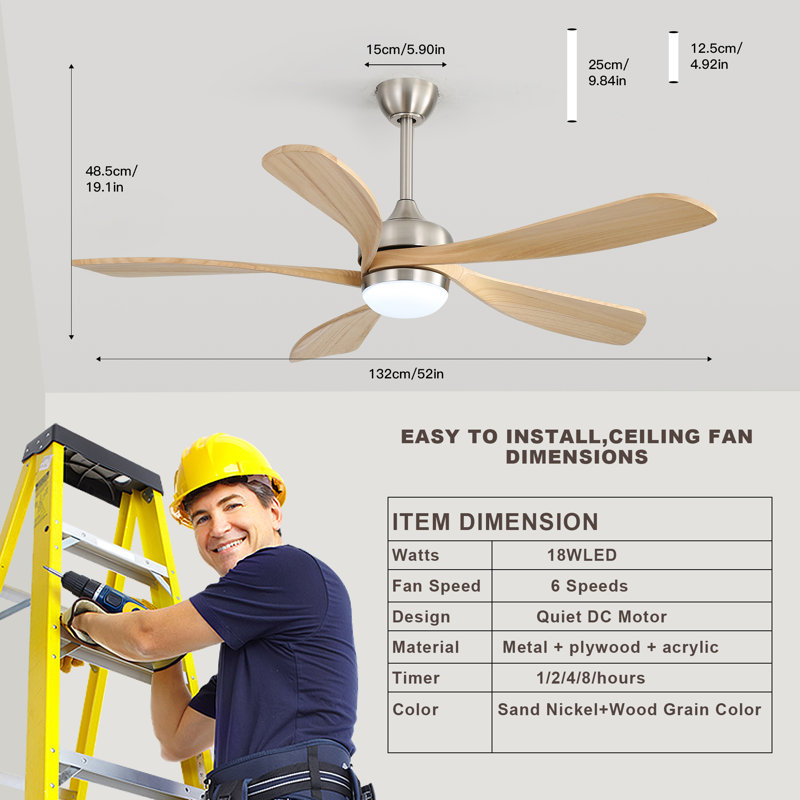  52"Ceiling Fan With Light And Remote Control, 6-Speed Reversible Quiet Dc Motor, 3 Color Temperatures Led Light, 3 Timer Settings, Adjustable Height For Large Room, Bedroom, Living Room,Orginal
