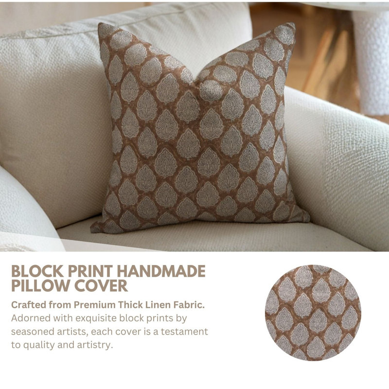Block Print Throw Pillow Cover, 2 Thick Linen Decorative Cushion Cover, 14" x 14"