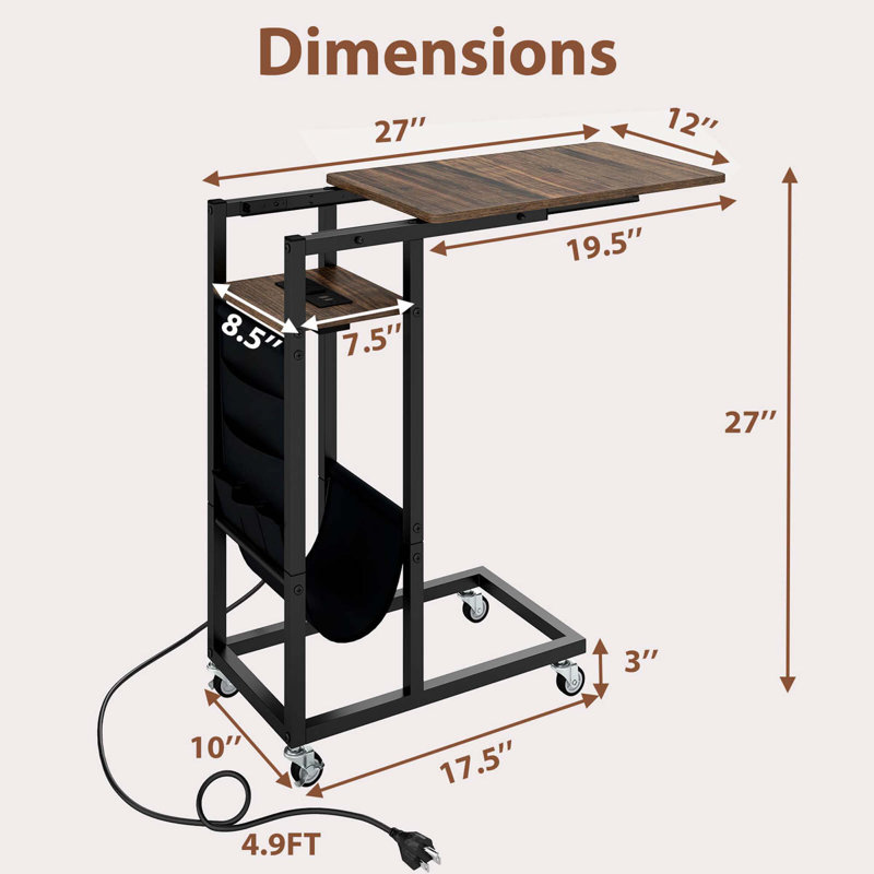 1 PCS C-shaped End Table with Charging Station Rolling Bedside Table Couch Side Table