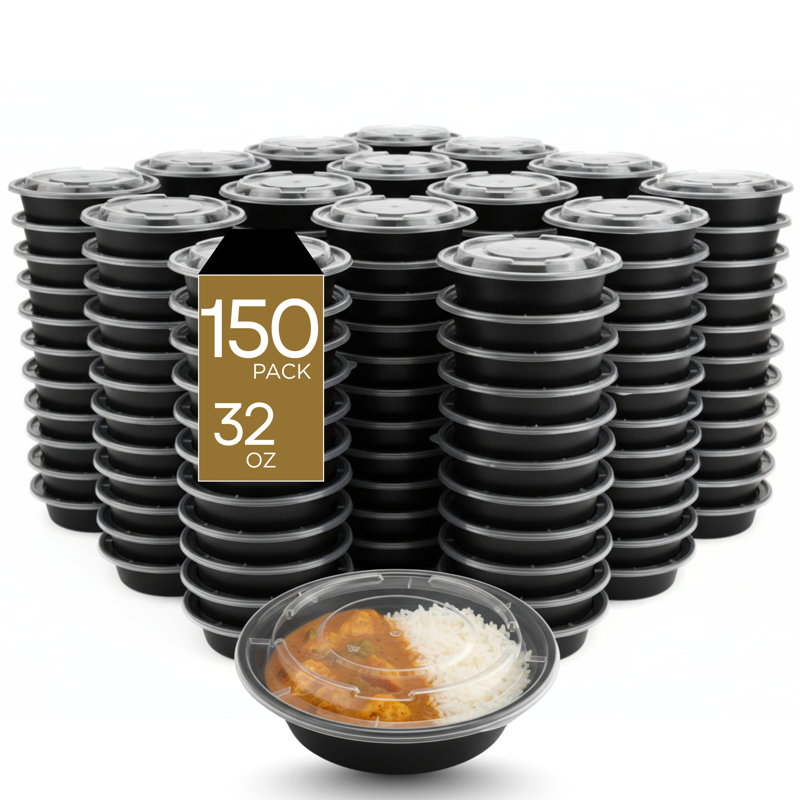 Microwaveable Round Container with Lid, 32oz, 150-Pack