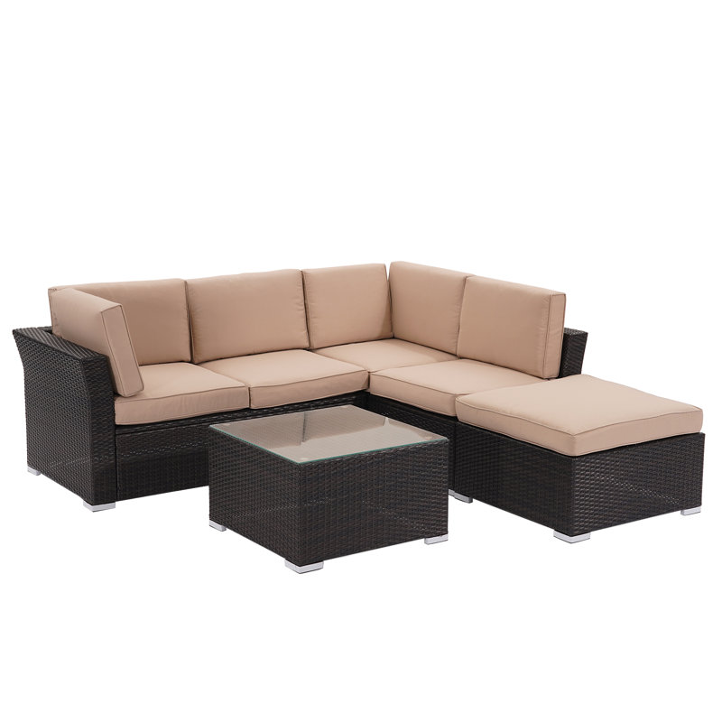 Ensemble de conversation modulaire en rotin 4 pièces avec coussins, Crème, crème