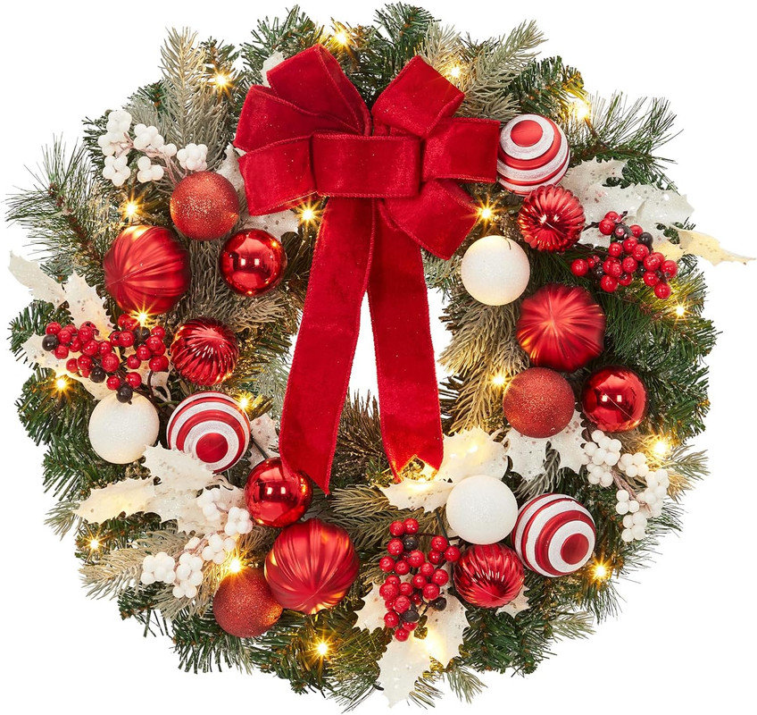 The Holiday Aisle® Pre-Lit Christmas Wreath for Front Door, 24" Large Lighted Wreath with Xmas Balls, Red Bow & Berries | Wayfair