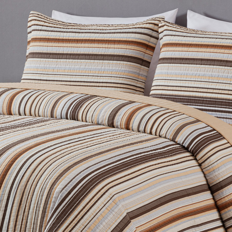 Avery Striped Pre-Washed Cotton Quilt Set, Brown/Cream/Gray, Oversized King Quilt + 2 King Shams