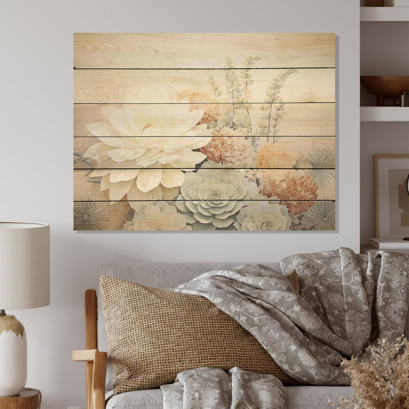 Beige minimalisme Cactus I - art mural en bois de cactus sur bois de pin naturel, H 10 po x l 20 po