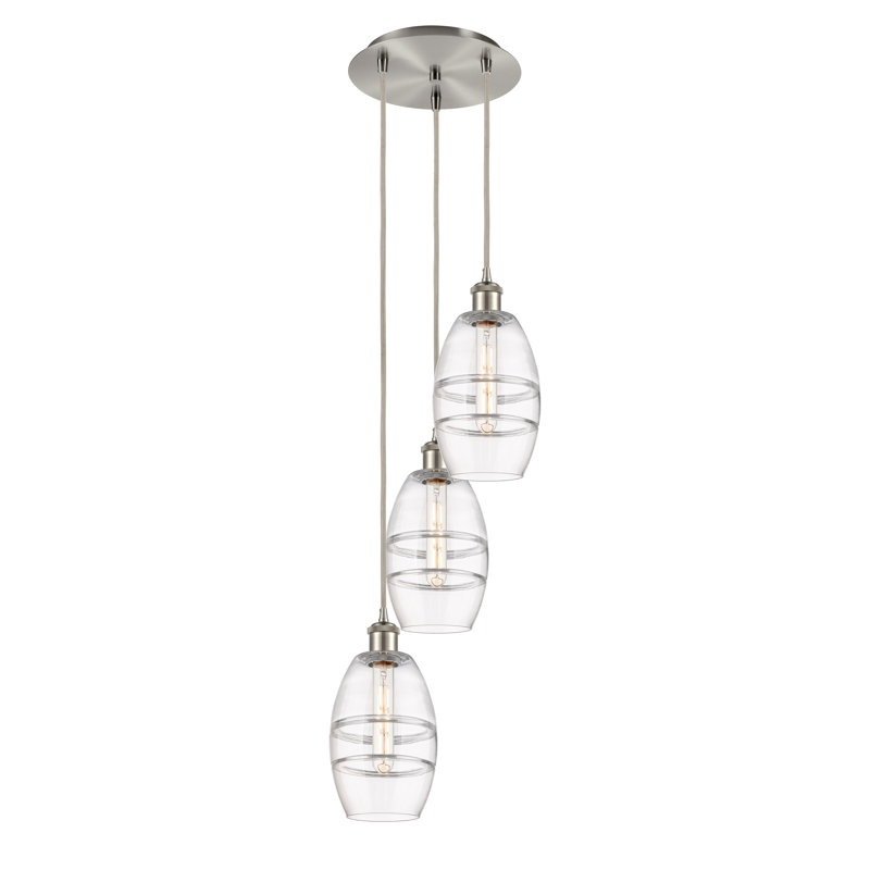 Luminaire suspendu rond / ovale 3 lumières Dundrod, Transparent, Nickel satiné brossé, H 25,13 po x l 12,38 po x P 12,38 po